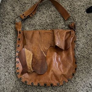 Brown Leather Shoulder Bag with Stud Accents